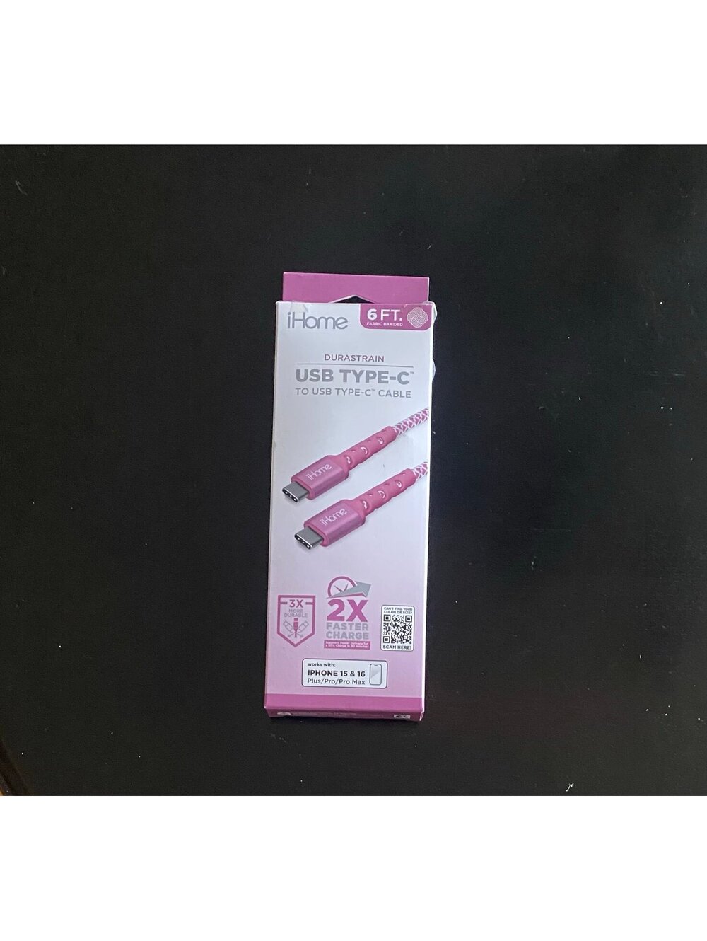 IHOME 6ft USB-C to USB-C Cable Nylon Braided with Cable Wrap Pink